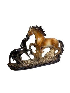 Ceramic Horses Figurine Mom and Baby Brown & Black 9.5 x 11.5" Made in Italy Vtg